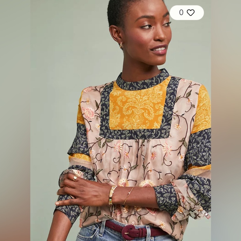 Anthropologie Let me be love actually boho floral embroidered silk blouse